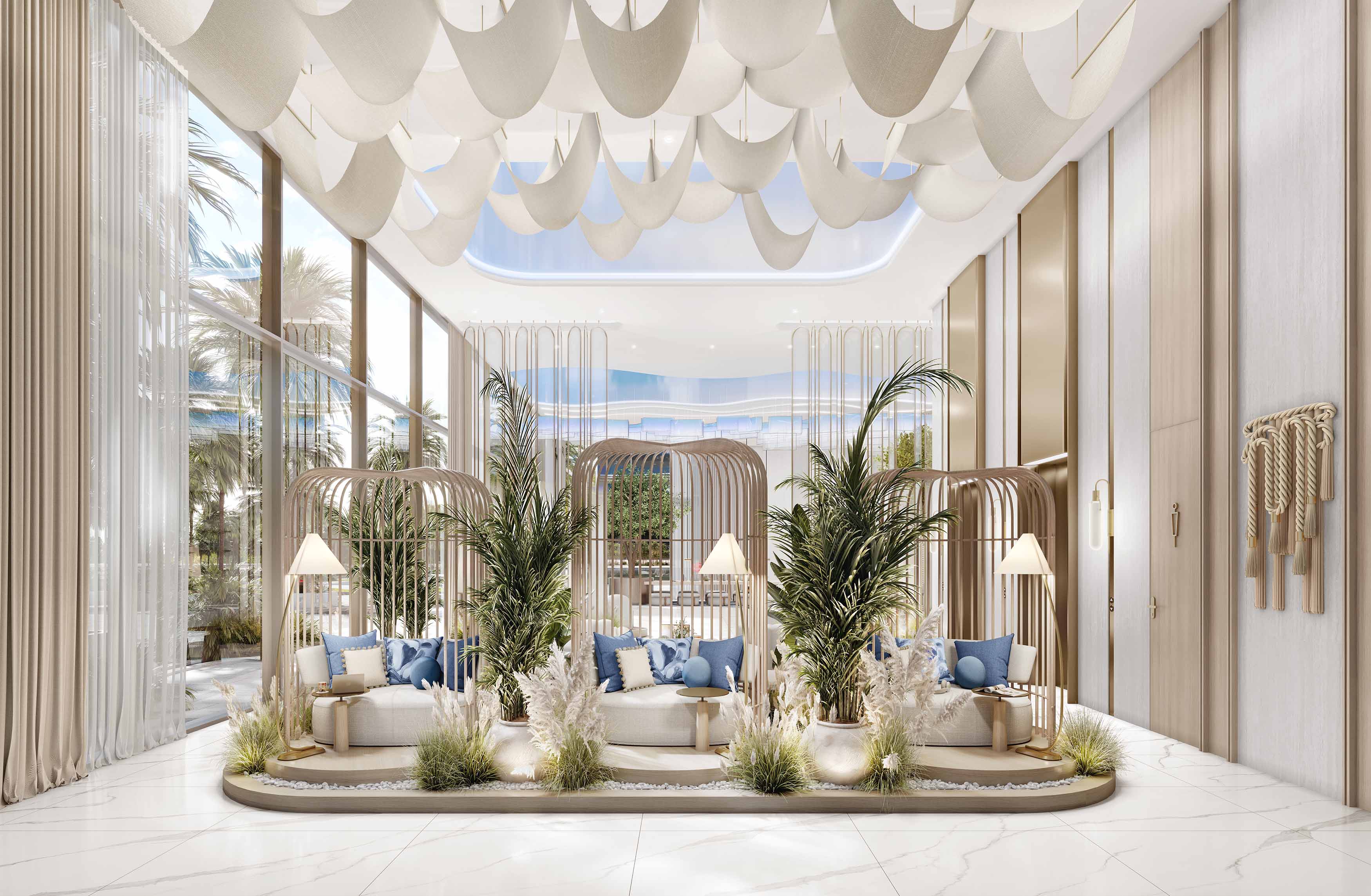 Beach Walk Grand By Imtiaz A modern lobby with elegant furnishings, plants, and soft lighting, featuring organic shapes and natural elements.
